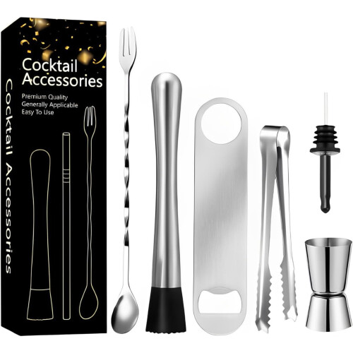 (A) Cocktailshakersett i rustfritt stål med røreskje og sitronmuddler til bar