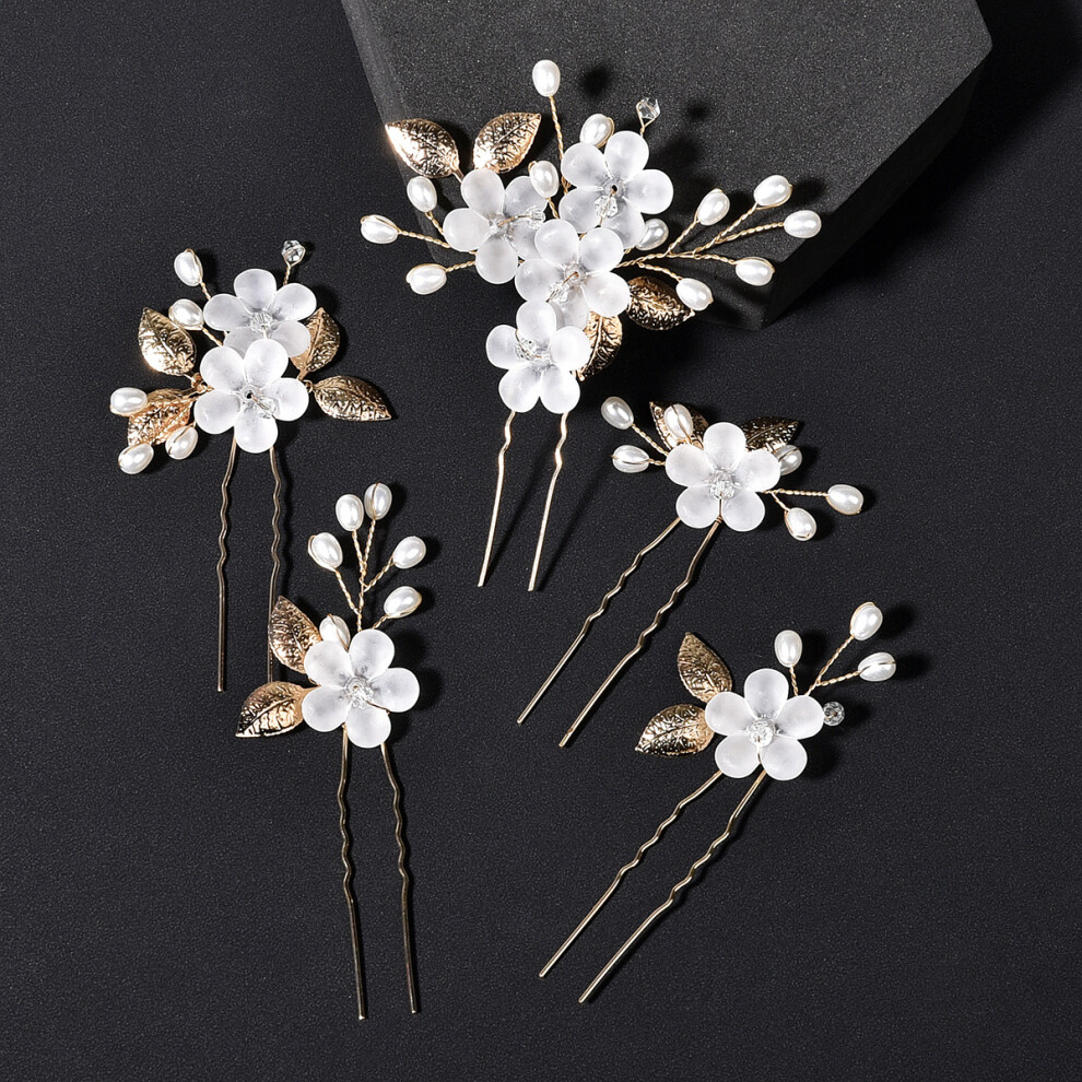 (Style 1) 5Pcs U-Shaped Flower Leaf Hairpins Bridal Wedding Hair Accessories Set