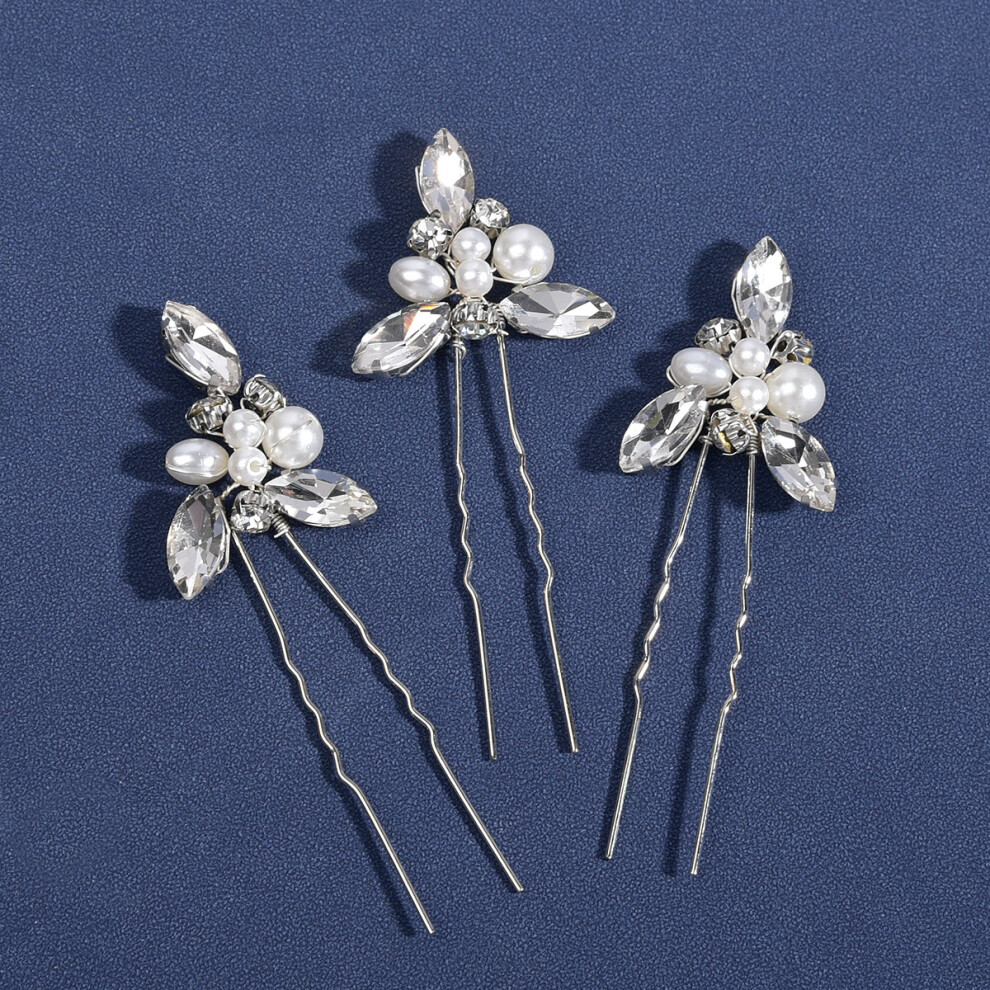 (Silver) Bridal Wedding 3-Piece Set U-Shaped Hairpin & Marquise Pearl Comb