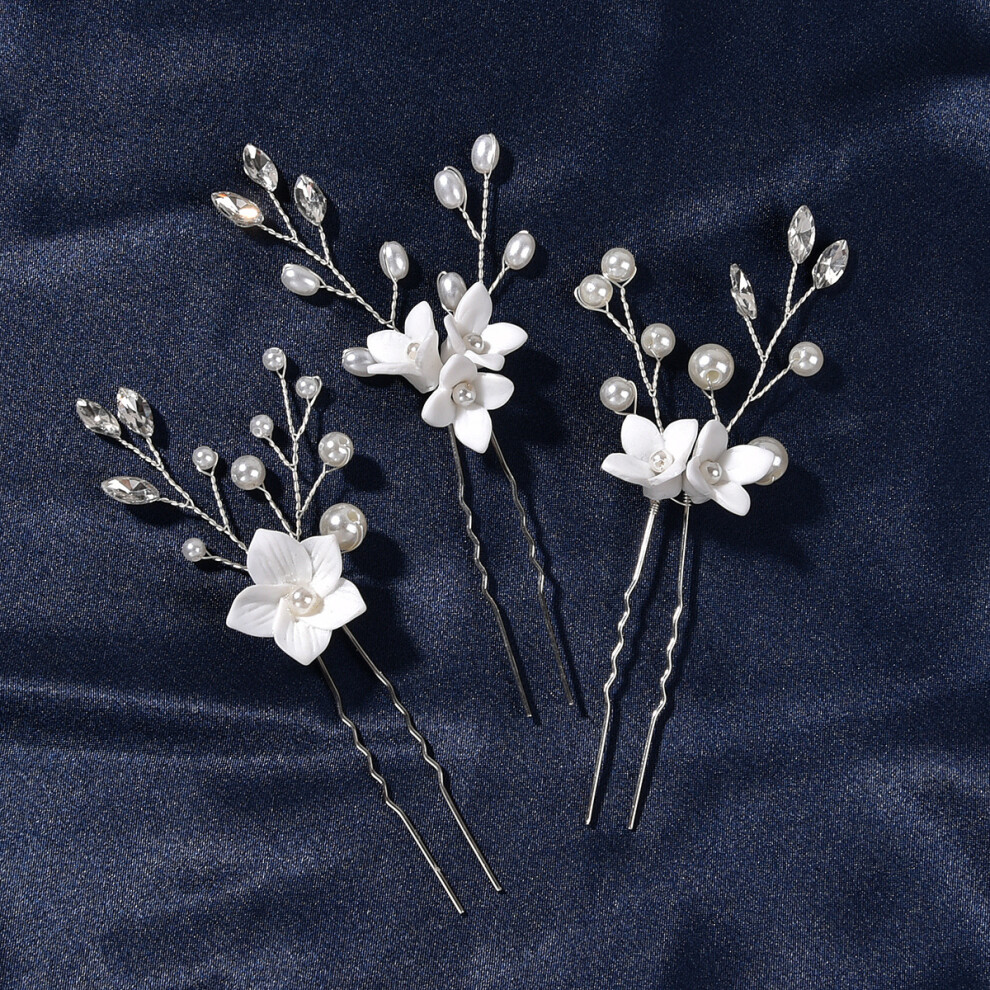 (Set5) Bridal White Flower U-Shaped Hairpins Set of 3 Wedding Hair Ornaments