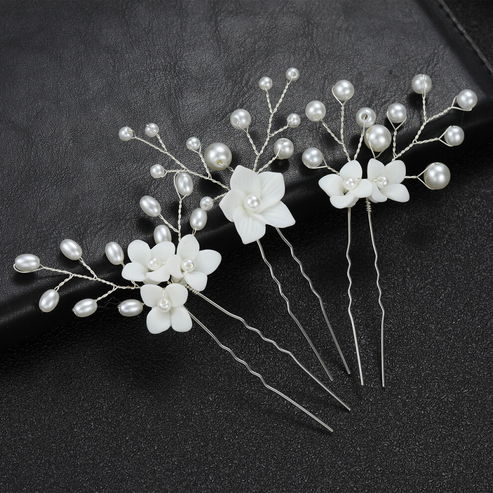 (Set6) Bridal White Flower U-Shaped Hairpins Set of 3 Wedding Hair Ornaments