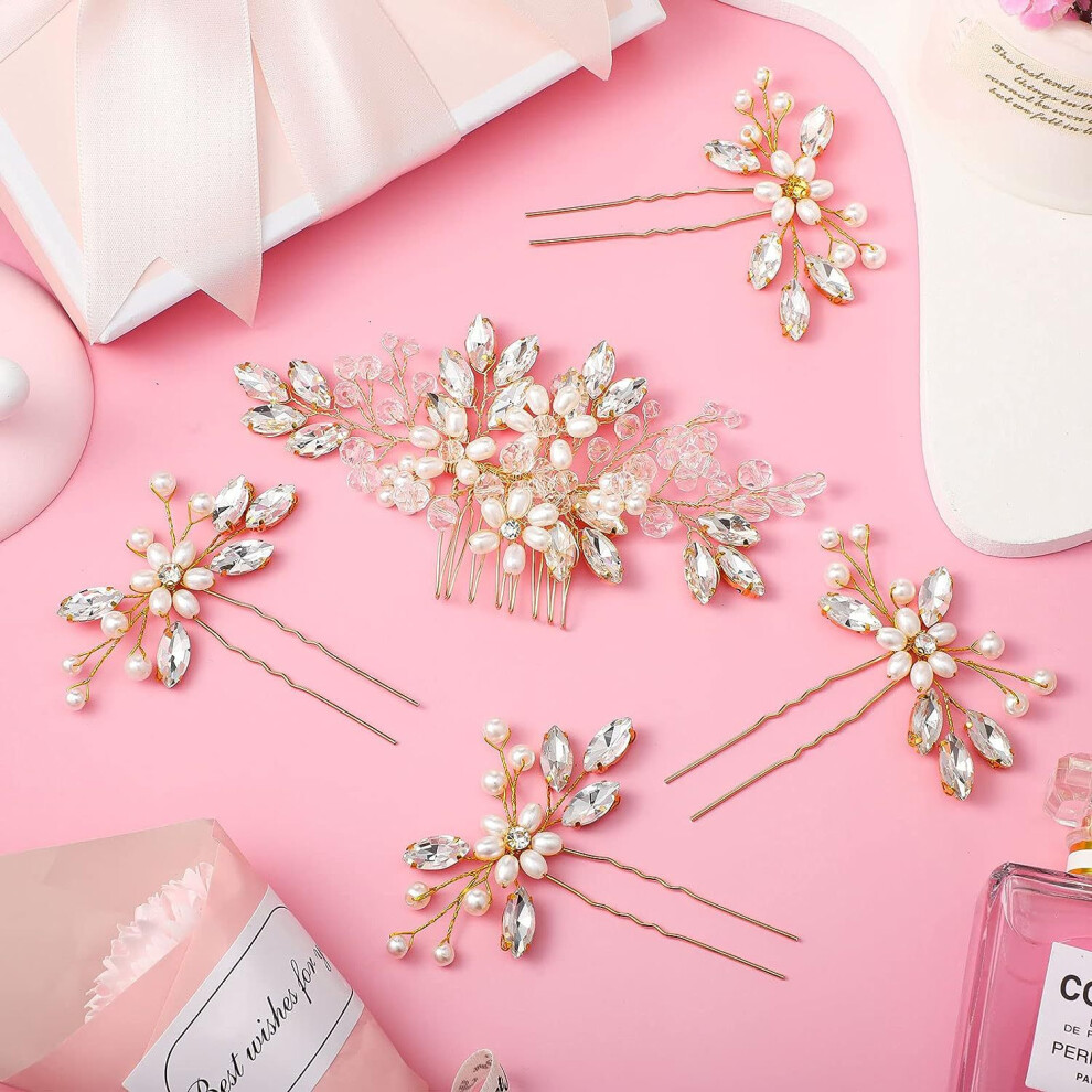 (Gold) Bridal Pearl Crystal Hair Comb Set of 5 Handmade Side Hairpins