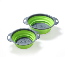 (Green round) Square & Round Foldable Silicone Draining Basket Set, Telescopic Plastic Vegetable Washing Basket 2pcs