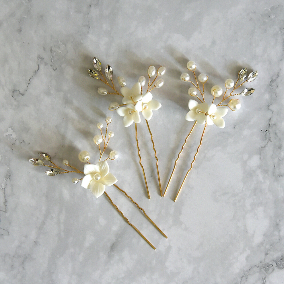 (Set2) Bridal White Flower U-Shaped Hairpins Set of 3 Wedding Hair Ornaments