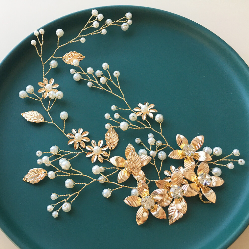(Bright Gold) Golden Leaf Floral Headband Bridal Jewelry Wedding Dress Accessories
