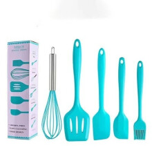 (Blue) High-Temp Silicone Baking Tool Set 5-Piece: Spatula, Oil Brush, Whisk, Food-Grade Kitchen Utensils
