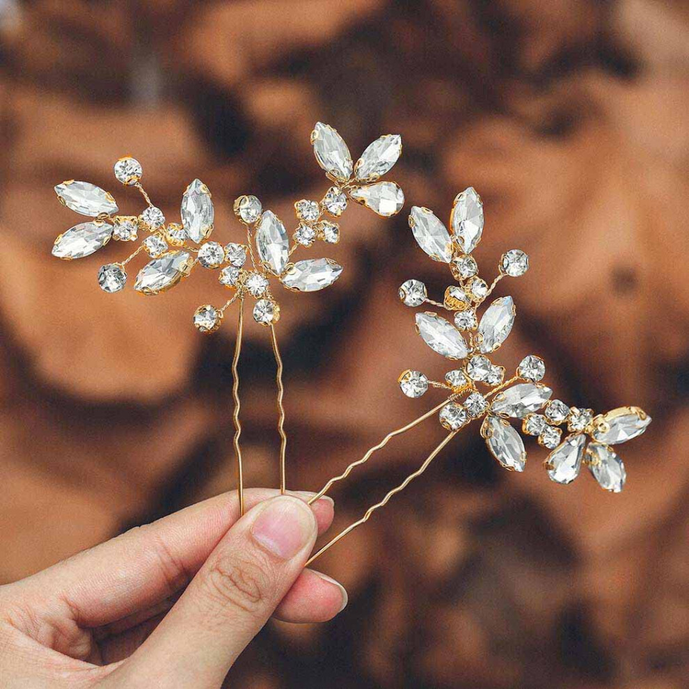 (Gold) Bridal Hair Set, 2-Piece Silver U-Shaped Rhinestone Hairpin for Wedding Back-of-Head Styling