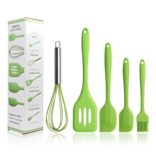(Green) High-Temp Silicone Baking Tool Set 5-Piece: Spatula, Oil Brush, Whisk, Food-Grade Kitchen Utensils