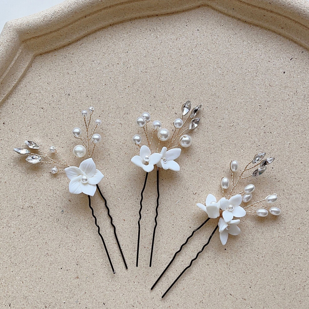 (Set4) Bridal White Flower U-Shaped Hairpins Set of 3 Wedding Hair Ornaments