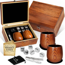 (C) Whiskey Wooden Cup Set in Wooden Box, Ice Wine Stone Barware, Premium Double Cup Gift Set