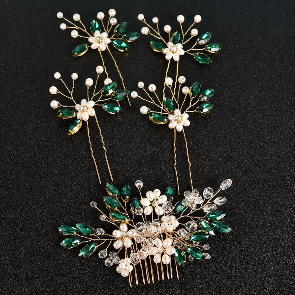 (Green) Bridal Pearl Crystal Hair Comb Set of 5 Handmade Side Hairpins