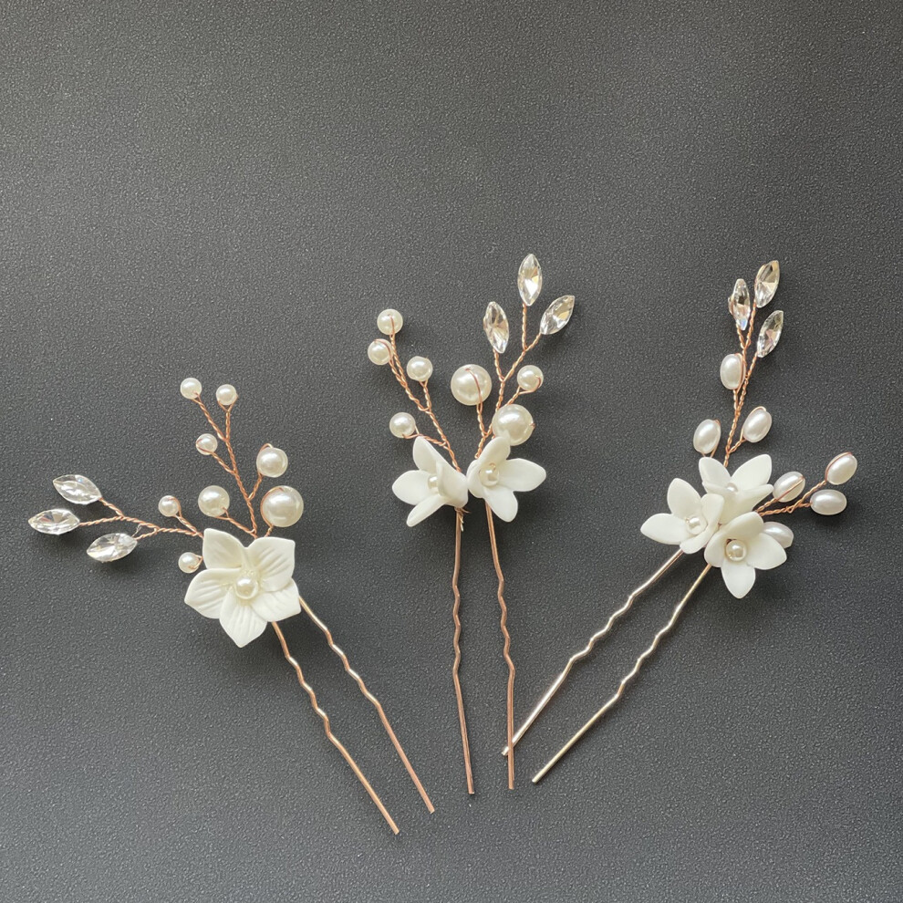 (Set3) Bridal White Flower U-Shaped Hairpins Set of 3 Wedding Hair Ornaments