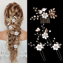 (White flower gold line) 4-delers sett med livlige blomsterhårspenner til brudekjoler