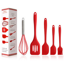 (Red) High-Temp Silicone Baking Tool Set 5-Piece: Spatula, Oil Brush, Whisk, Food-Grade Kitchen Utensils