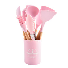 (Nordic Pink) 12-Piece Vibrant Wooden Handle Silicone Kitchen Utensil Set Food-Grade Heat-Resistant Spatula & Spoon Storage