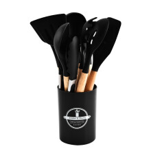 (Black) 12-Piece Vibrant Wooden Handle Silicone Kitchen Utensil Set Food-Grade Heat-Resistant Spatula & Spoon Storage