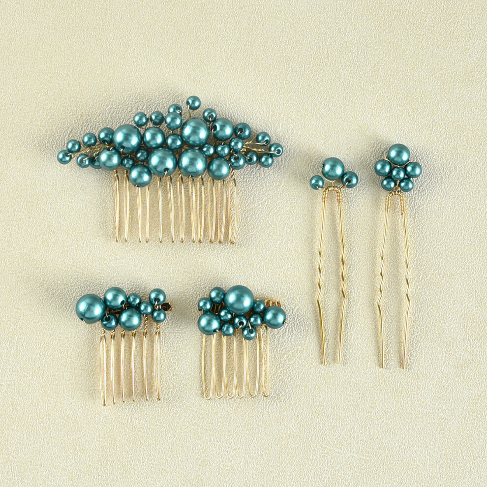 Unisex (Set 1) Bridal Headpiece Set: 3 Combs & 2 Hairpins