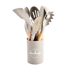 (Khaki) 12-Piece Vibrant Wooden Handle Silicone Kitchen Utensil Set Food-Grade Heat-Resistant Spatula & Spoon Storage
