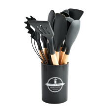(Dark Gray) 12-Piece Vibrant Wooden Handle Silicone Kitchen Utensil Set Food-Grade Heat-Resistant Spatula & Spoon Storage