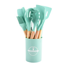 (Blue) 12-Piece Vibrant Wooden Handle Silicone Kitchen Utensil Set Food-Grade Heat-Resistant Spatula & Spoon Storage
