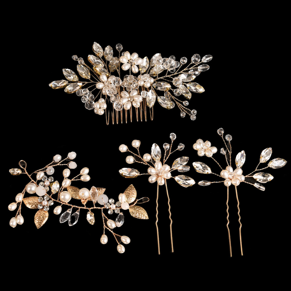 (Gold) Bridal Pearl Crystal Hair Comb Set of 5 Handmade Side Hairpins