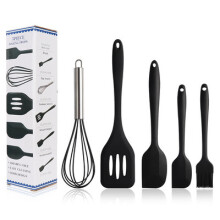 (Black) High-Temp Silicone Baking Tool Set 5-Piece: Spatula, Oil Brush, Whisk, Food-Grade Kitchen Utensils