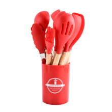 (Red) 12-Piece Vibrant Wooden Handle Silicone Kitchen Utensil Set Food-Grade Heat-Resistant Spatula & Spoon Storage