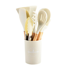 (White) 12-Piece Vibrant Wooden Handle Silicone Kitchen Utensil Set Food-Grade Heat-Resistant Spatula & Spoon Storage
