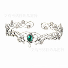 (Antique Silver Deep Green Diamond) Night Elf King Crown Hollow Vine Adjustable Hairpiece COS Queen Gem Hair Crown