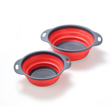 (Red round) Square & Round Foldable Silicone Draining Basket Set, Telescopic Plastic Vegetable Washing Basket 2pcs