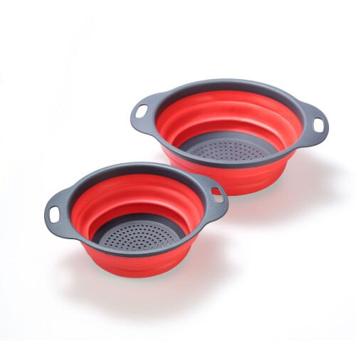 (Red round) Square & Round Foldable Silicone Draining Basket Set, Telescopic Plastic Vegetable Washing Basket 2pcs