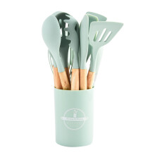 (Nordic Light Green) 12-Piece Vibrant Wooden Handle Silicone Kitchen Utensil Set Food-Grade Heat-Resistant Spatula & Spoon Storage