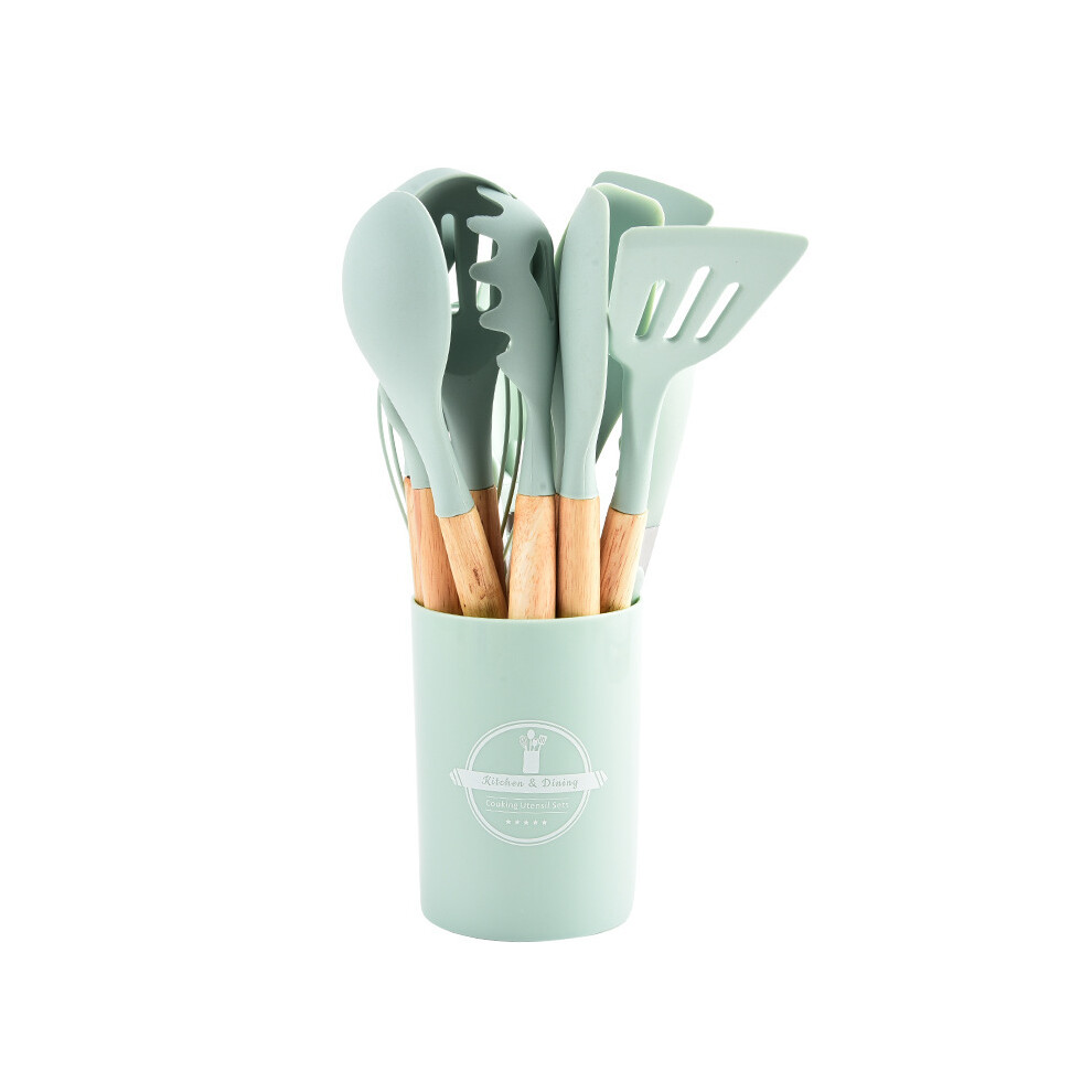 (Nordic Light Green) 12-Piece Vibrant Wooden Handle Silicone Kitchen Utensil Set Food-Grade Heat-Resistant Spatula & Spoon Storage-image-OPC-PVMKVWG-NEW