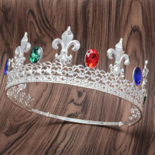 (Silver colorful) Korona w stylu retro barokowym ze złotą końcówką pistoletową i okrągłym wzorem z diamentami, ruchomy tył