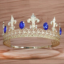 (Silver Blue) Retro Baroque Crown with Gold Gun Tip & Diamond Round Design, Movable Back