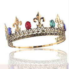 (Antique gold colorful diamond) Korona w stylu retro barokowym ze złotą końcówką pistoletową i okrągłym wzorem z diamentami, ruchomy tył
