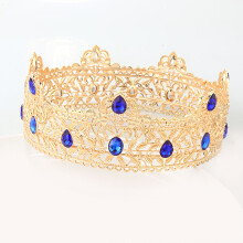 (Golden Blue Diamond) Męska, królewska barokowa, różowozłota korona królewska ze stopu, duża ozdoba do włosów w kształcie księcia