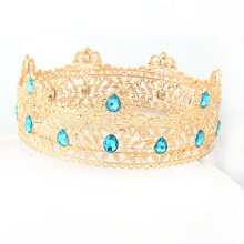 (Gold Sky Blue Diamond) Męska, królewska barokowa, różowozłota korona królewska ze stopu, duża ozdoba do włosów w kształcie księcia
