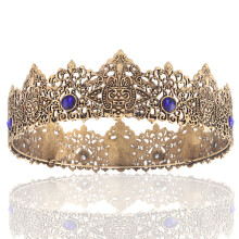 (15 Ancient Gold Blue Diamond) Men's Baroque Metal Crown Wedding Hair Accessory Party Ball Catwalk Coronation Kit