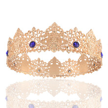 (18K Gold Blue Diamond) Corona barocca in metallo da uomo, accessorio per capelli da matrimonio, festa, ballo, sfilata, kit per incoronazione