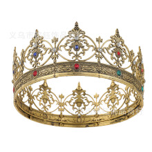 (Antique silver) Corona da re, ornamento per capelli da uomo in metallo scuro, design 3D cavo, corona grande e squisita