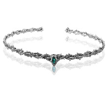 (Vintage Silver Green Diamond) Medieval Gothic Crown Thorn Shape Emerald Inlaid Adjustable Vintage Headpiece