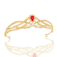 (Gold Red) Korona Panny Młodej z Kryształową Cyrkonią, Księżniczka, Elegancka Opaska do Włosów, Akcesoria do Włosów na Imprezę Urodzinową
