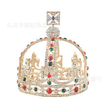 (Gold Colorful Diamond) Gorgeous Crystal Crown Palace Hat Style Gold-Plated Gemstone Bride Hair Accessories Headpiece for Women