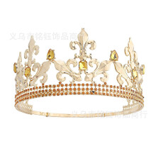 (Gold Champagne) Königliche Krone Herren Silber Metall Haarschmuck Partykleid Hut Verstellbar Bunte Diamanten Haaraccessoire Erwachsene Runde Krone