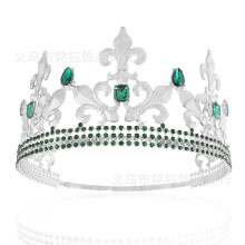 (Silver Green Diamond) Royal Crown Men's Silver Metal Hair Ornament Party Dress Hat Adjustable Colorful Diamond Hair Accessory Adult Round Crown