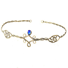 (Ancient Gold Blue Diamond) Forest Style Woven Iron Women's Headband Vintage Gold Inlaid Colorful Diamond Children's Hair Hoop Easy to Wear