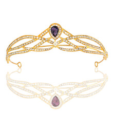 (Gold Purple) Wedding Bride Crown Crystal Zircon Princess Headpiece Elegant Hairband Birthday Party Hair Accessories