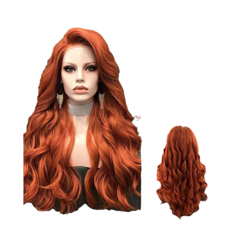 Unisex Orange,Brown (Dark Brown) Women's Large Wavy Wig With Orange Long Curly Hair, High-Temp Fiber Synthetic Headpiece