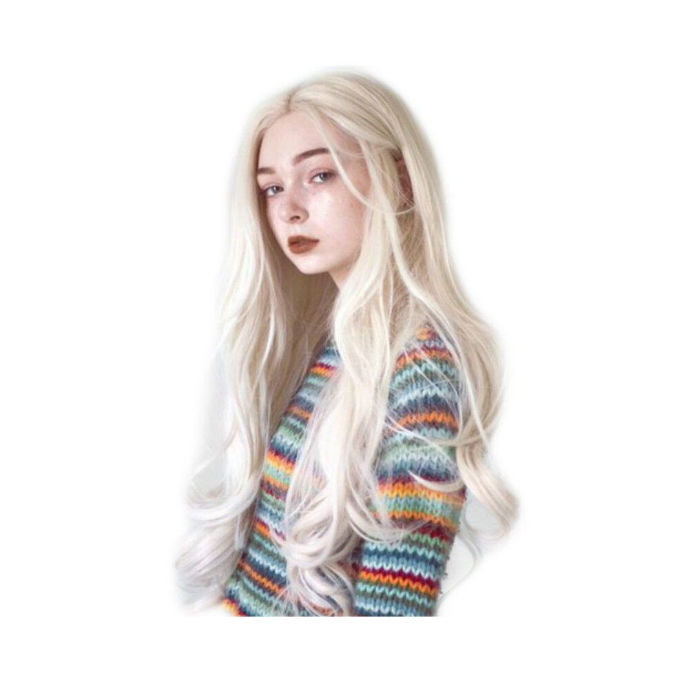 Unisex Red (Bright ) Off-White Long Curly Wig For Women, Middle Part, Large Waves, High-Temp Fiber Synthetic Wig